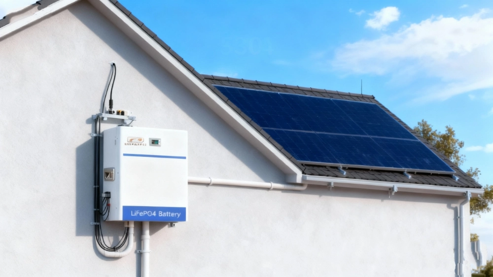 Residential or commercial solar storage system installation scene with LiFePO4 battery, solar panels, and energy flow