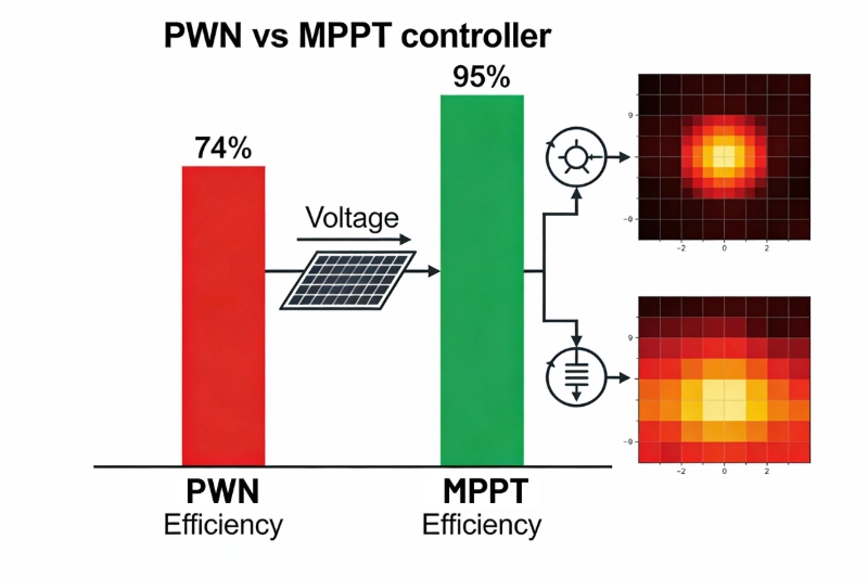 PWM 74% vs MPPT 95% Efficiency Comparison Chart | Solar Controller Performance Data Visualization
