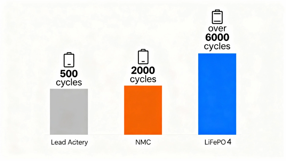 Cycle life comparison chart showing LiFePO4 lasting over 6000 cycles versus 500 for lead-acid batteries