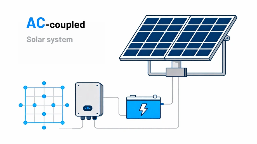 Diagram of AC-coupled solar system showing power conversion from DC to AC and back to DC